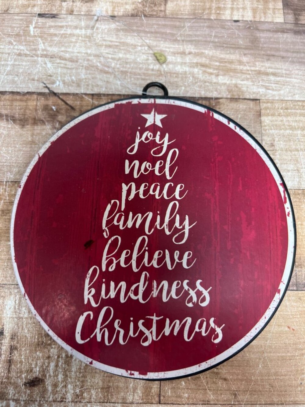 Red Christmas Ornament With Inspirational Words & Tree Design 7 Inches Rustic